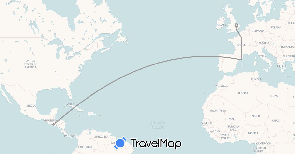 TravelMap itinerary: driving, plane in Spain, France, United Kingdom, El Salvador (Europe, North America)
